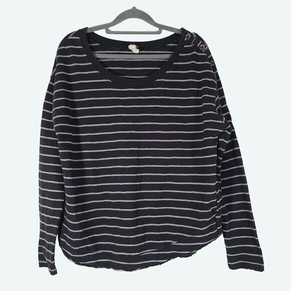 Free People Stripe Boxy Long Sleeve Button Shoulder Cotton Shirt Black Gray Med - Picture 1 of 8